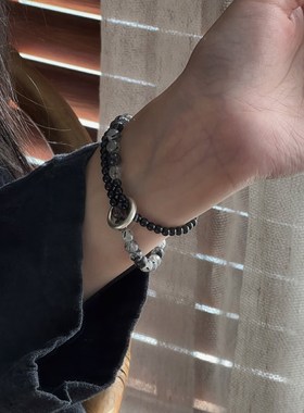 一十七手作 原创国风实心足银99B9平安扣黑曜石黑发晶双圈情侣手