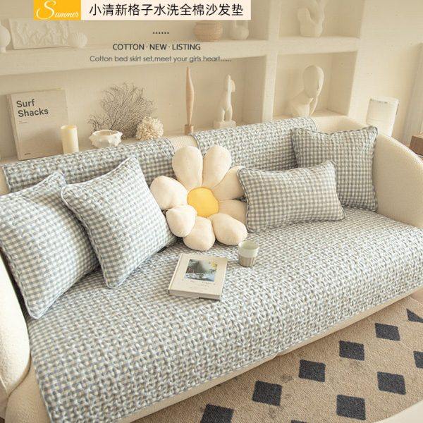 水洗棉复古格子天蓝色沙发垫坐垫沙发套罩防滑盖布四季通用高级感