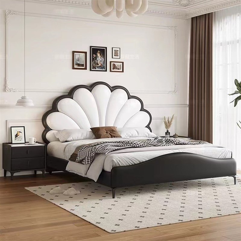 意式极简花瓣真皮床现代简约法式奶油风双人床Q流行轻奢主卧女生