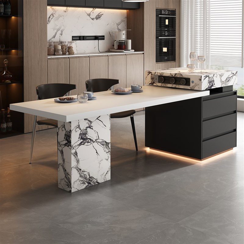 宝格复古风丽岛台餐桌一t体可伸缩岩板倒台可定制高级感轻奢导台