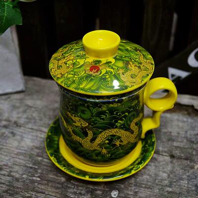 杯子 320ML大茶杯 景德镇陶瓷过滤带盖红黄蓝绿白龙纹水杯 办公杯