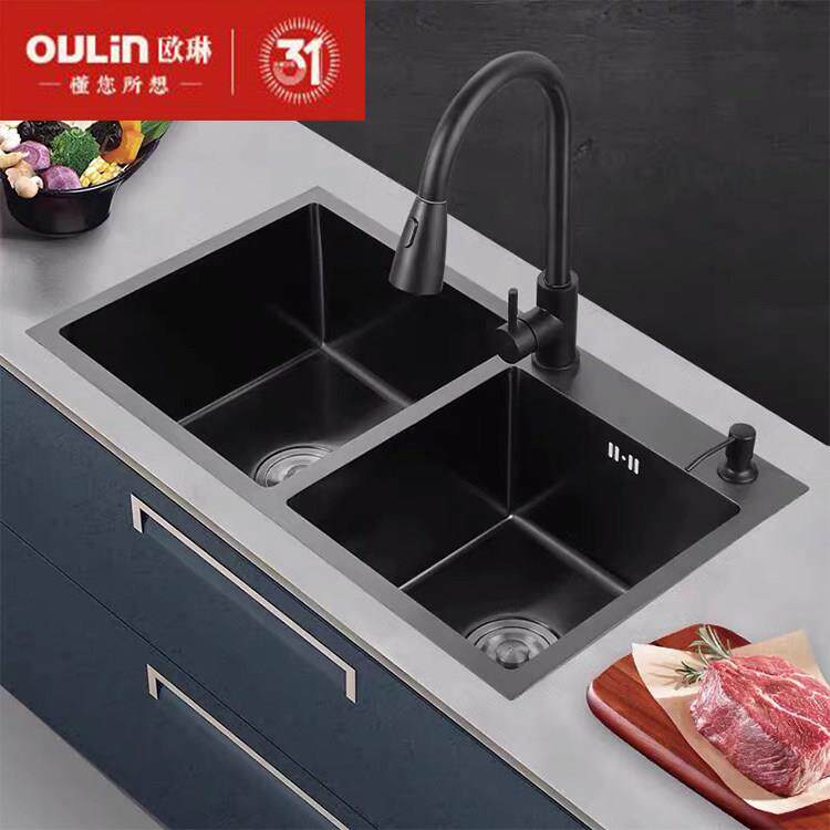 欧琳厨房新款304不锈钢手工拉丝水槽套餐双槽台下洗碗池洗菜盆