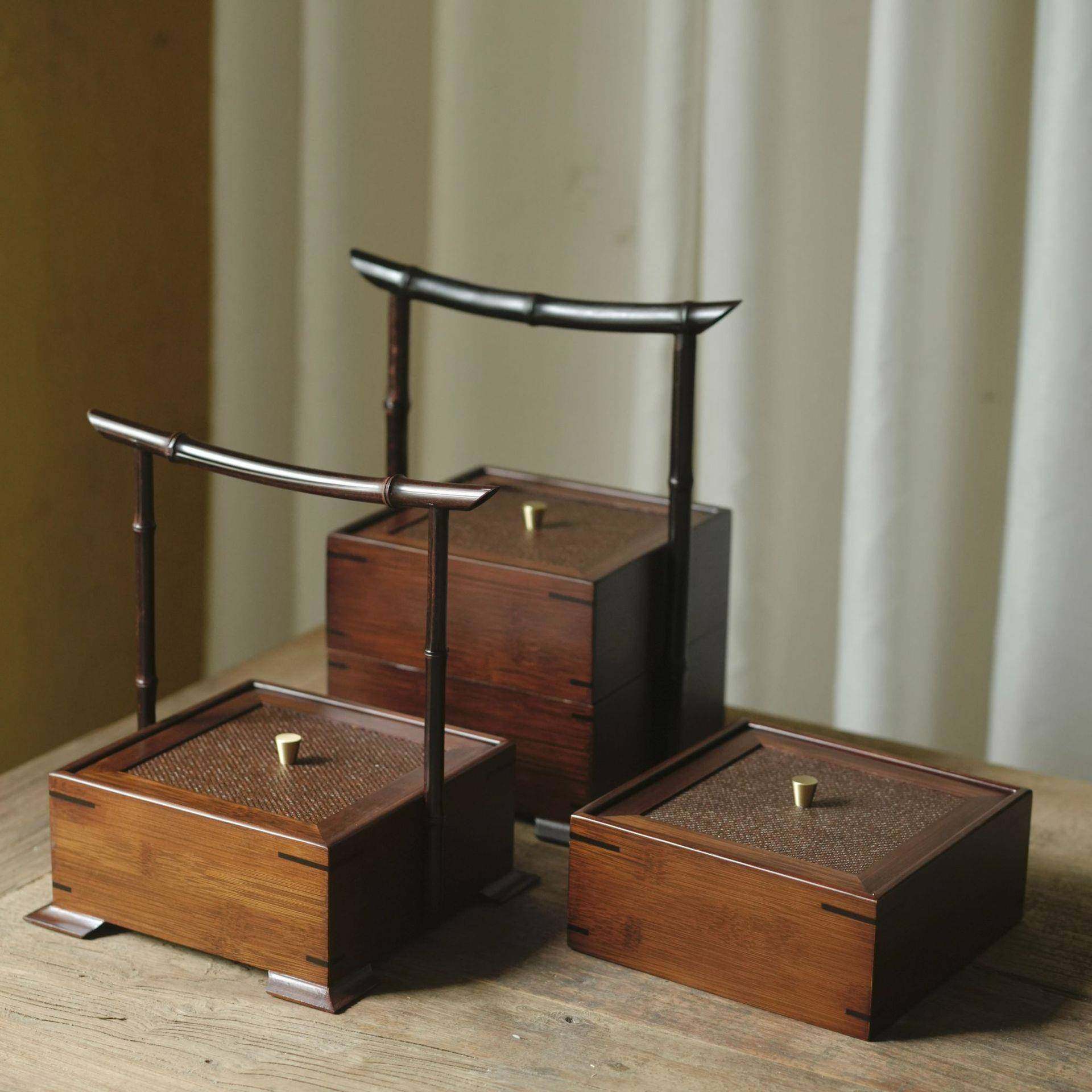 紫竹藤面食盒多层手提双层提箱野餐蓝水果茶点盘茶具收纳盒文玩首