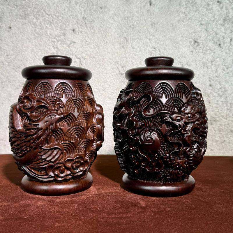 黑檀木雕刻 龙凤罐收纳罐浮雕龙凤 储物罐子家居摆设直播供货
