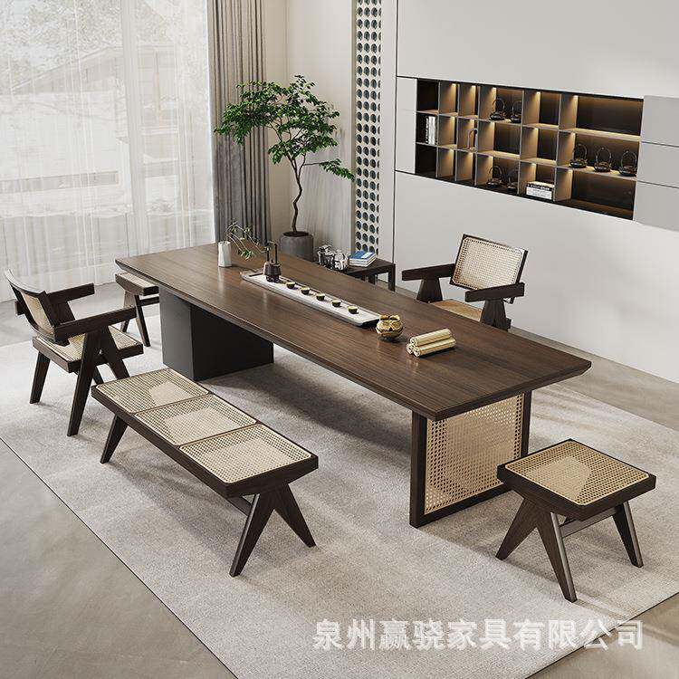 新中式实木茶桌椅组合藤艺家用客厅办公泡茶桌子创意原木大板茶台