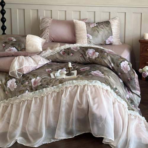复古法式磨毛数码印花四件套浪漫小花边纱全棉亲肤被套床品