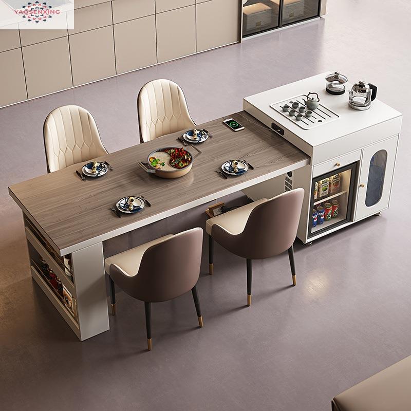 轻奢岛台餐桌一体2025新款实木纹岩板可伸缩家用厨房中导台桌组合