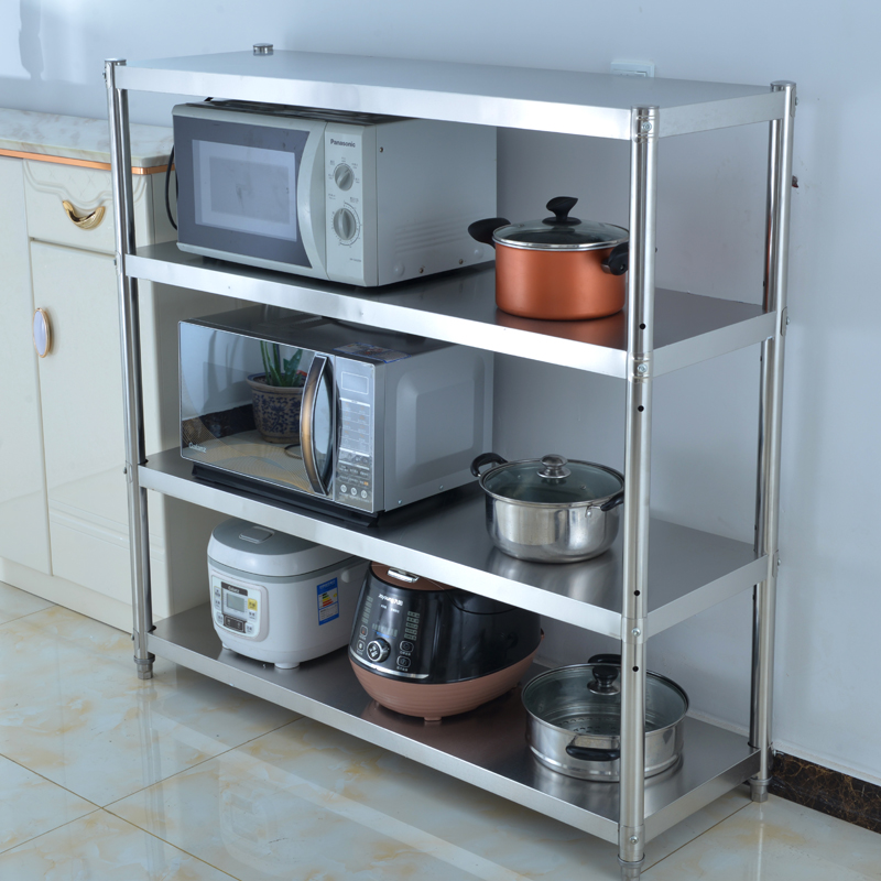 4层置物架落地多层不锈钢货架厨房用品家用大O全3收纳微波炉锅架