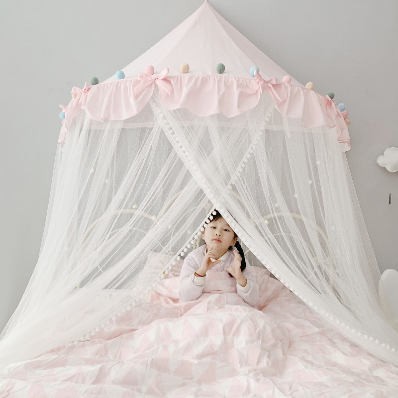 儿童房蚊帐公主风inso圆顶吊帐家用女孩1.5m1.8米床幔可折叠免安