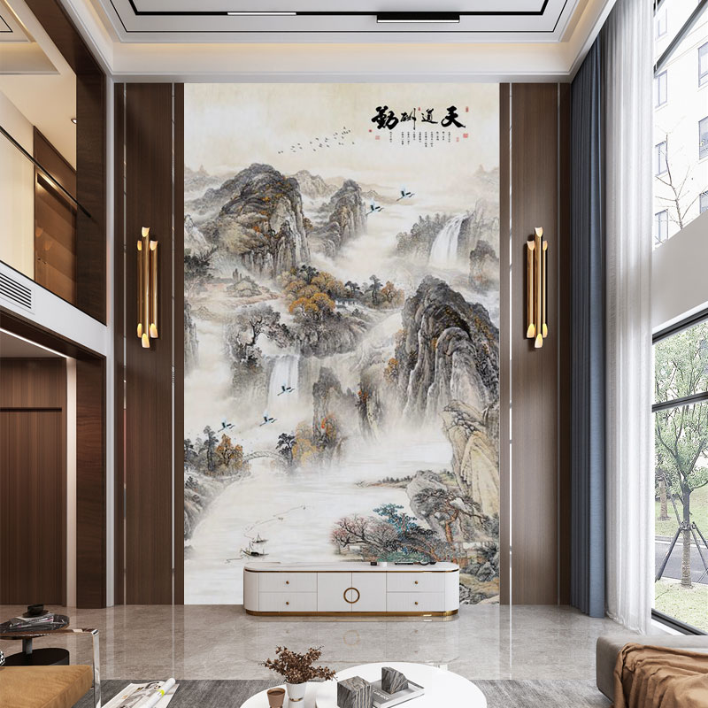 墙纸定制3d中式山水电视背景墙壁纸客厅挑高壁Q布别墅玄关墙布壁
