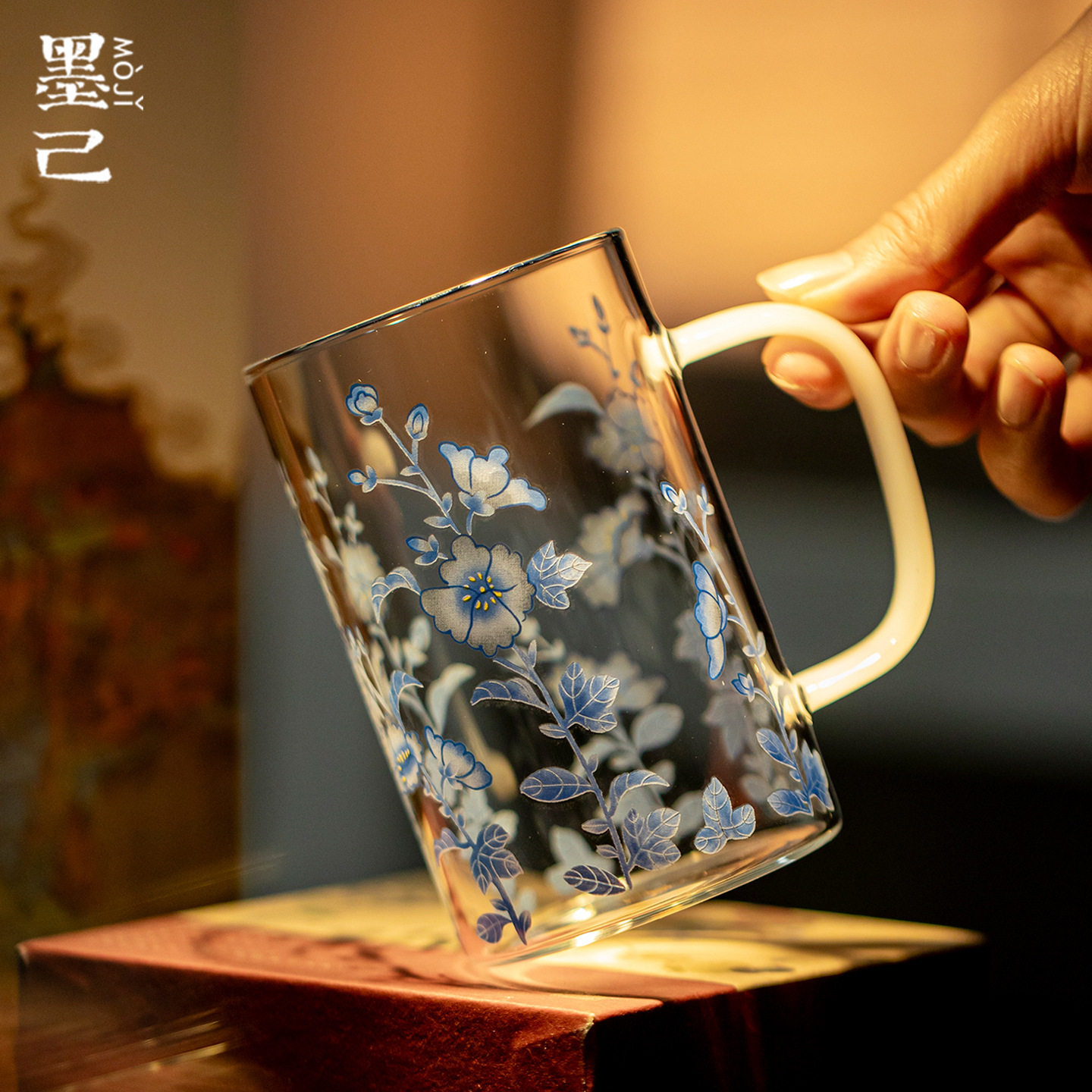 唐宋青花蜀葵白玉绿茶杯家用高颜值手把杯子牛奶杯玻璃个人杯