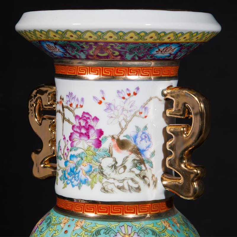 景德镇陶瓷器高档仿古描金粉彩花鸟花瓶工艺品家饰客厅时尚摆件