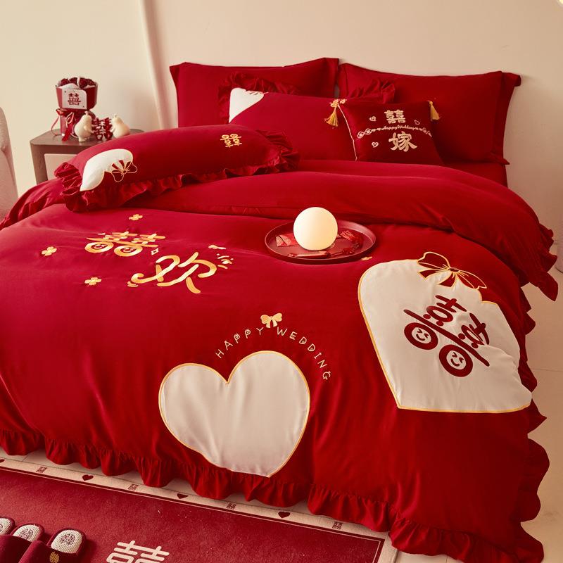 婚庆水洗棉喜庆四件套中式红床单床笠高档磨毛被套结婚房床上用品
