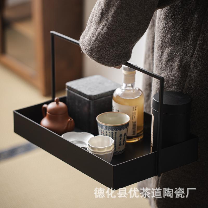 优茶道新中式铁艺提篮黑色铁茶具收纳盒茶棚茶托盘样板间装饰摆件