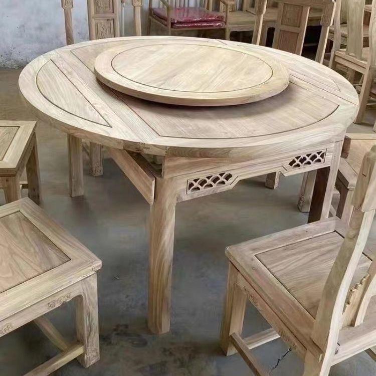 实木餐桌北方老榆木白茬胚坯圆桌仿古明清家具新中式吃饭桌子