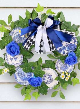 跨境新款青花瓷枯枝花环亚马逊蓝色玫瑰仿真花环户外庭院装饰门挂