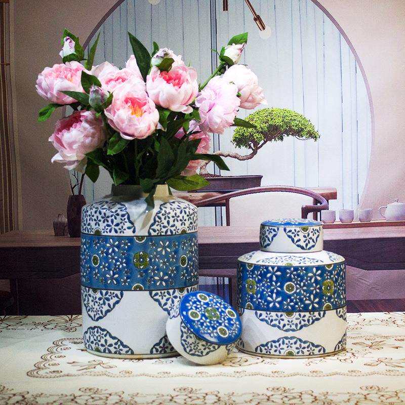 陶瓷摆件创意家居装饰电视柜工艺品带盖密封罐子圆形陶瓷储物罐