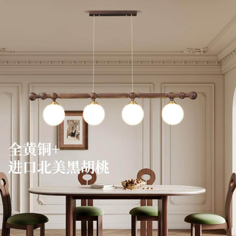 全铜中古风餐厅吊灯美式复古实木一字型现代简约吧台长条魔豆灯具