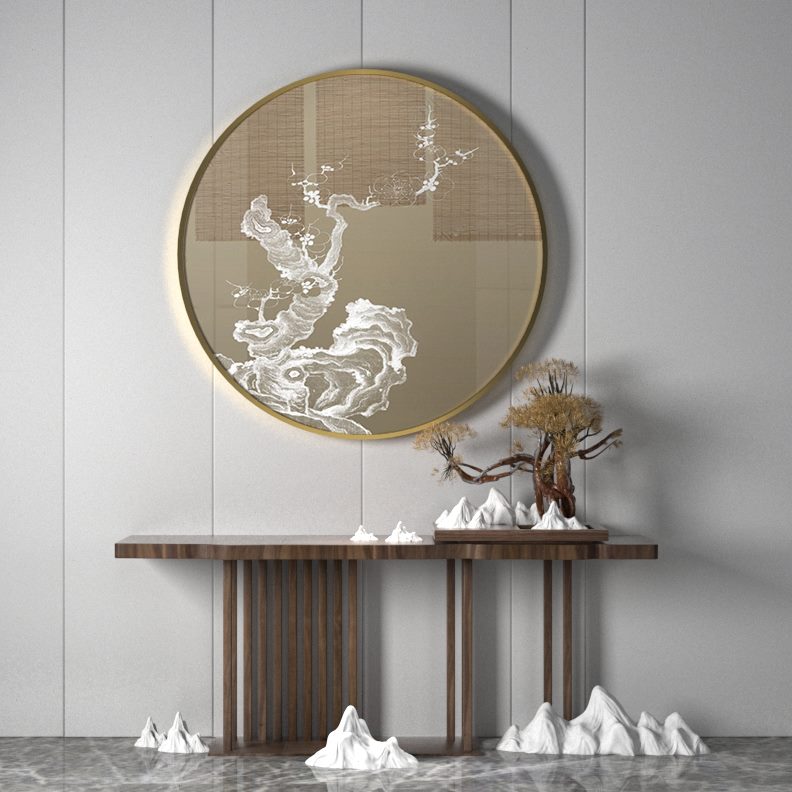 玄关装饰画太湖石圆形现代壁中国风挂画花卉轻奢客厅新中式背景墙图片