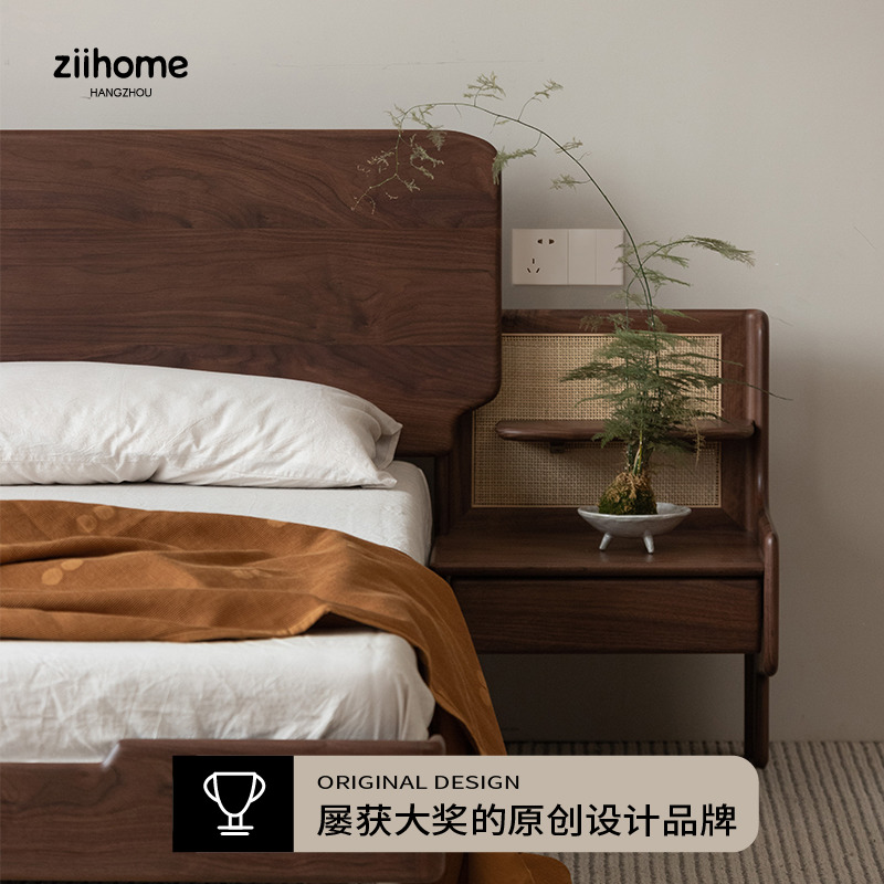 日初床 致家家居 日式白蜡木实木床高脚全实木双人床Y连体落地床