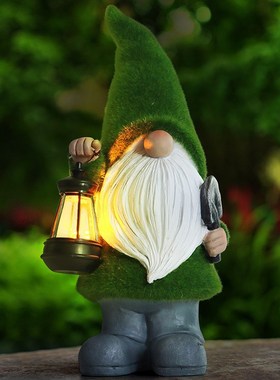 花园摆件户外植绒精灵小夜灯y太阳能树脂侏儒庭院装饰阳台布置