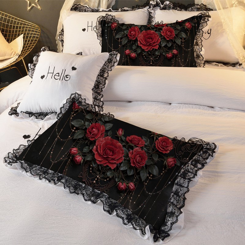 暗夜玫瑰暗黑系黑红花边枕x套一对装水洗棉枕芯罩单双人枕皮大花