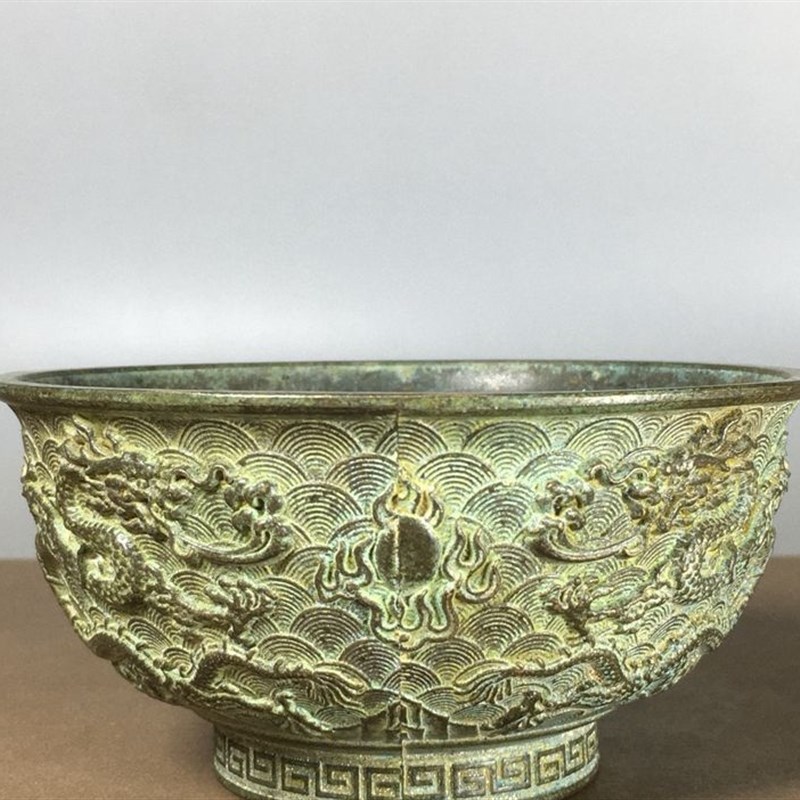 复古大清乾隆年i制绿绣浮雕双龙戏珠碗招财聚宝碗家居仿古旧货摆