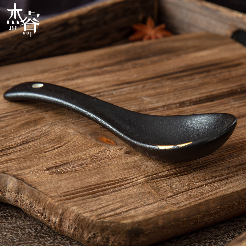 描金日式和风陶瓷餐具黑金墨玉汤匙汤勺勺子创意调羹微波炉适用