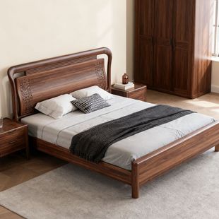 宋氏美学实木床现代简约主卧双人床1.8米雕花床头全实木家具
