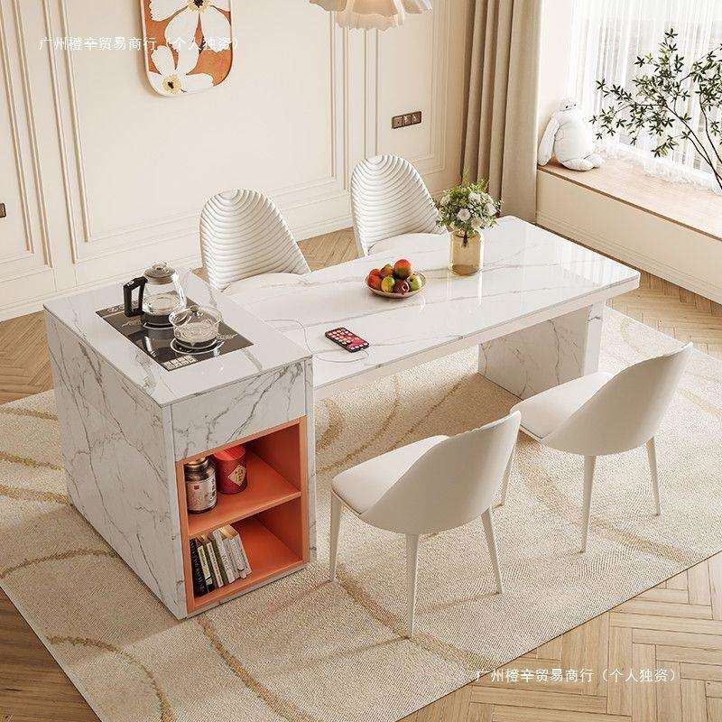 奶油风岩板岛台餐桌吧台一体岩板家用中导台轻奢现代多功能岩板桌