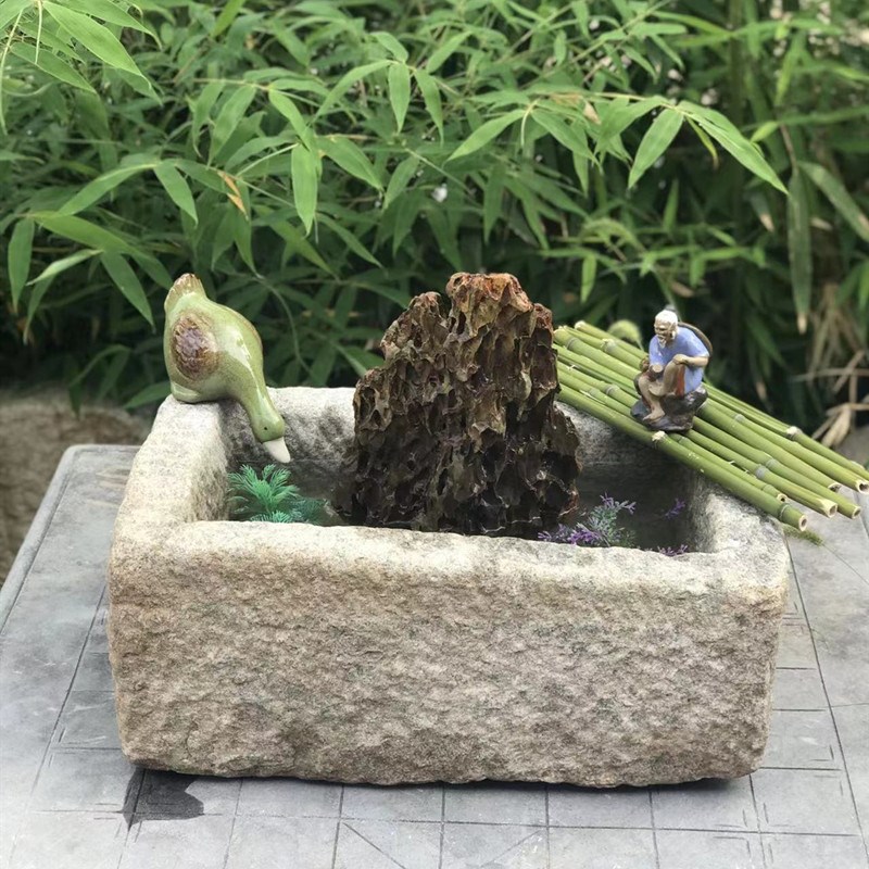 老石槽种花养鱼石头盆庭院流水景观户外复古Q洗手墩布池阳台摆件