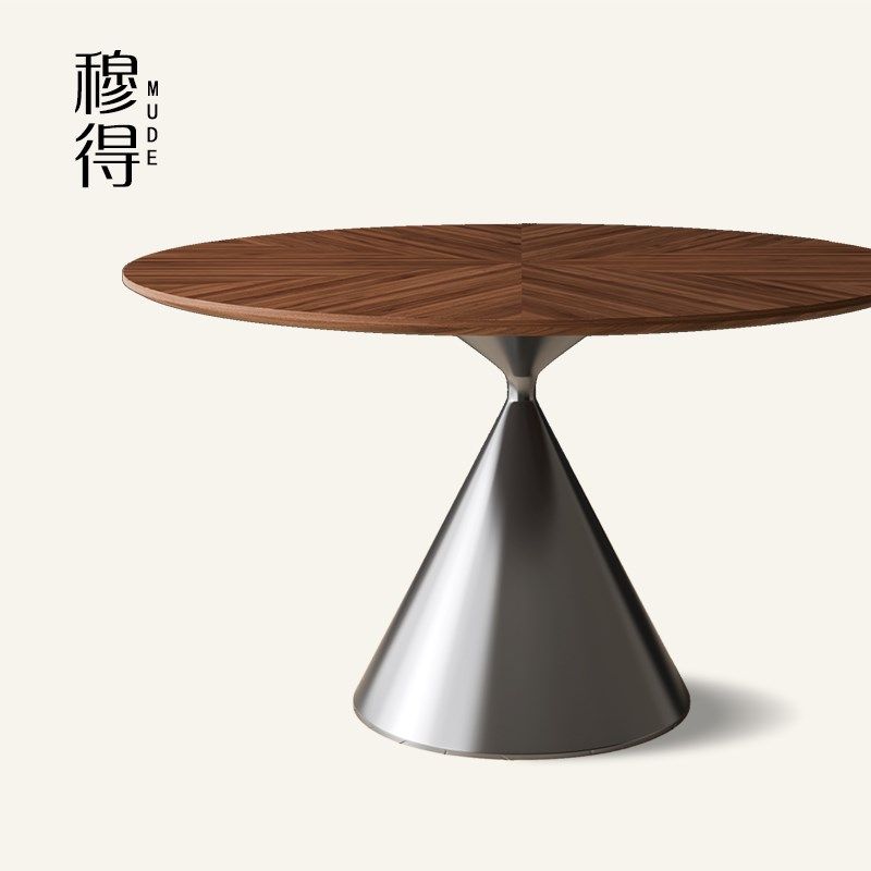 复古风黑胡桃f木餐桌圆桌实木家用小户型中古风不锈钢圆形餐桌饭