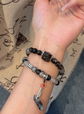 定制S925银Dzi珠溅墨山黑曜石黑色头发N水晶黑檀木浮花南红手炼