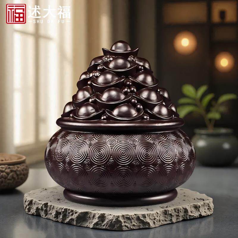 黑檀木雕聚宝盆摆件客厅实木家居玄关电视柜装饰公司店铺摆设送礼