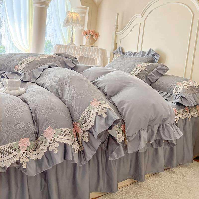 2025新款水洗真丝蕾丝刺绣床裙四件套-慕尚