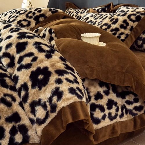 2024新款A类豹纹兔毛绒保v暖牛奶绒四件套冬季珊瑚绒加厚被套床单