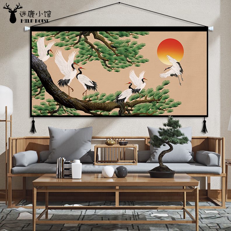布艺餐厅酒店玄关装饰画挂毯新中式中国风挂画客厅书房仙鹤背景墙图片