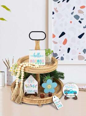 跨境 可爱小花木制摆件欢迎春天Hello Spring主题分层托盘装饰品