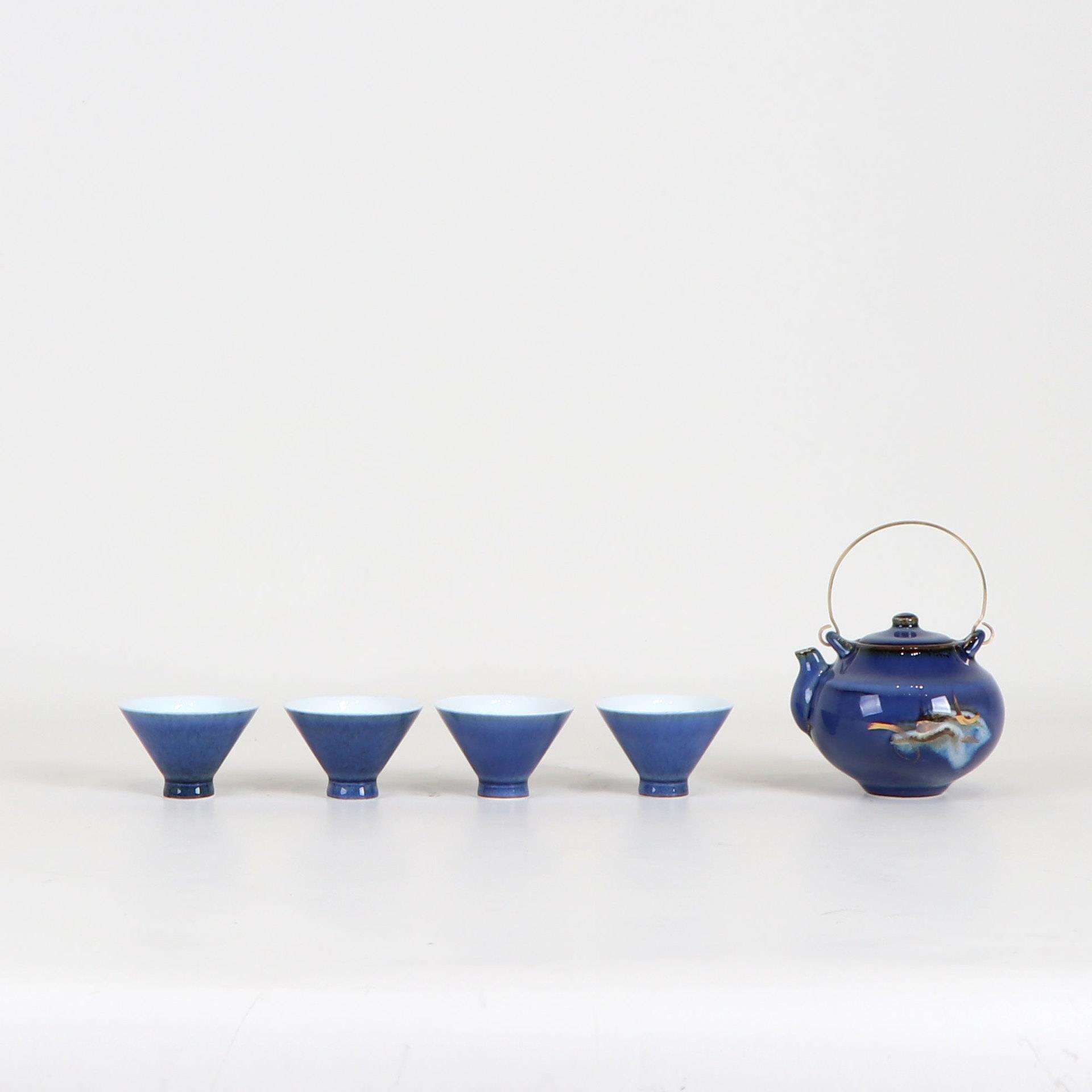 新中式禅意陶瓷蓝色提梁壶茶具套装摆件茶室售楼处展厅大堂装饰品
