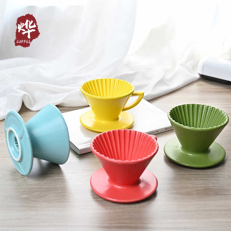 彩色陶瓷滤杯f螺纹带把手V60手冲咖啡过滤杯分享壶滤杯托咖啡器具