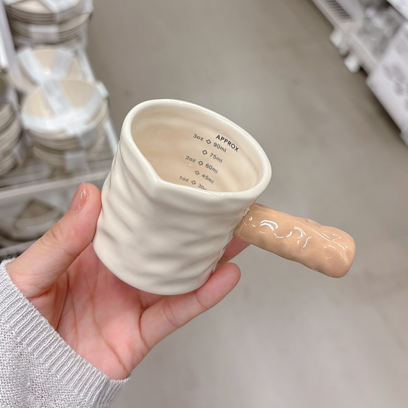 迷你小奶盅带刻度奶罐浓缩咖啡萃取杯不规则纹R理陶瓷量杯带把奶