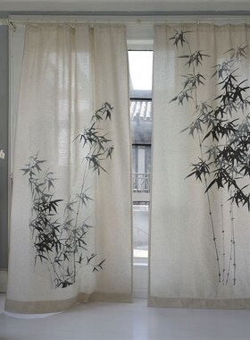 中式日式古典亚麻加厚遮光客v厅茶室卧室高档个性成品定制窗帘墨