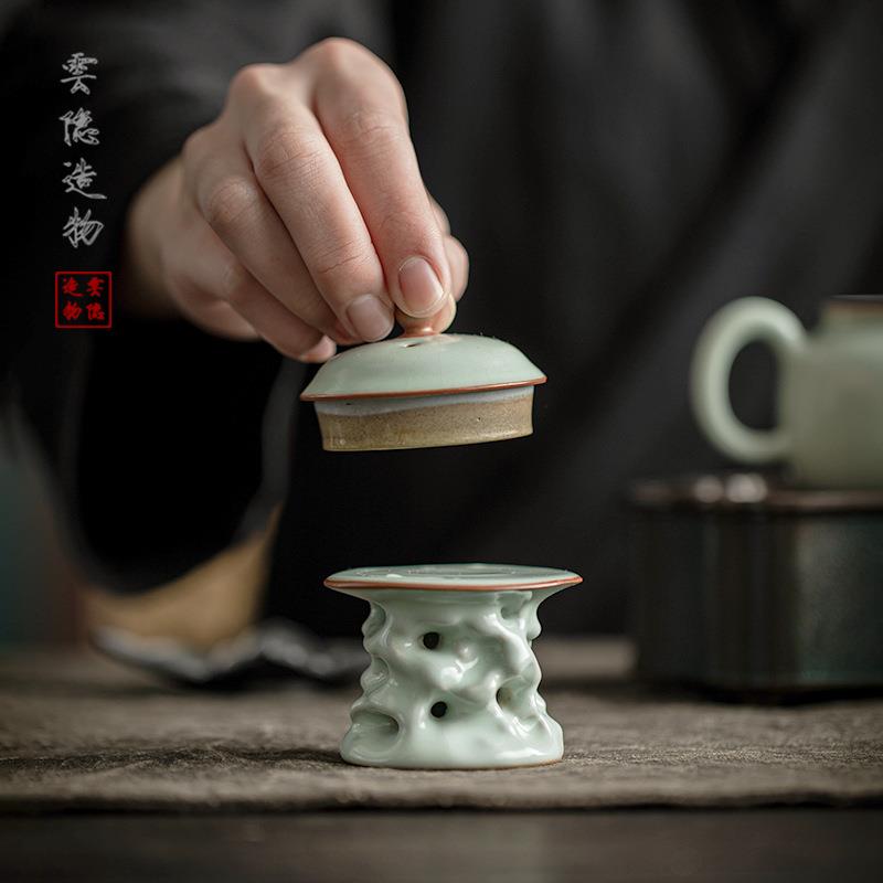 天青汝瓷盖置茶壶盖碗盖子配件汝窑陶瓷盖置壶盖托茶具垫茶道摆件