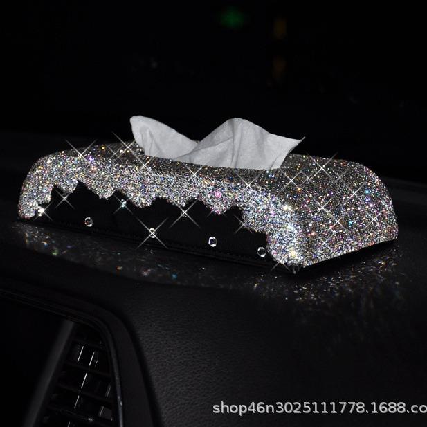 车用车载纸巾盒 轻奢创意镶钻汽车抽纸盒 贴钻车内装饰品摆件 女