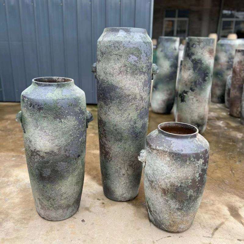 复古狮子头花瓶陶瓷摆件客厅插花大号干花文艺禅意粗陶落地大陶罐