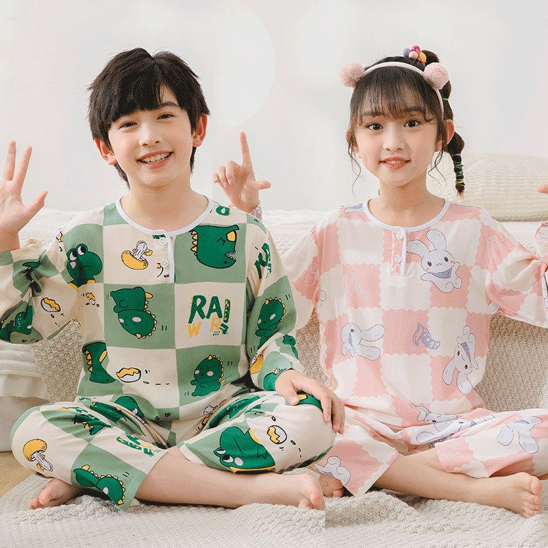 男童女孩夏季儿童绵绸睡衣薄款中大童夏天居家T防着凉棉绸空调服