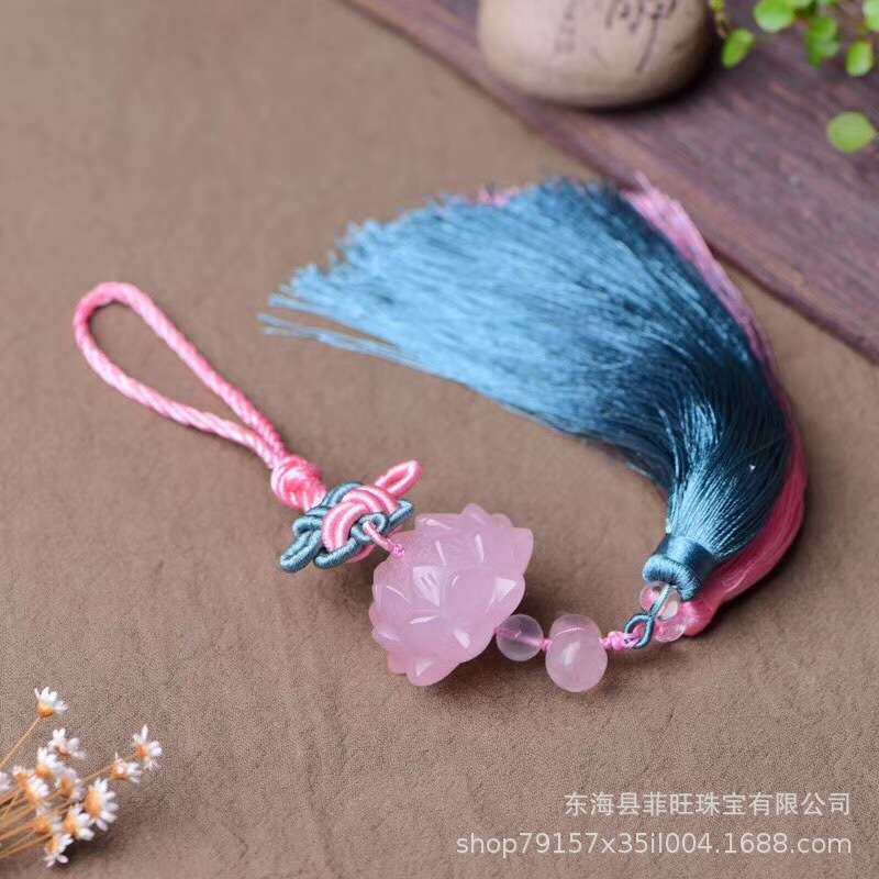 *天然粉晶雕刻莲花车挂搭配手工编织流苏穗 粉晶平安扣车挂