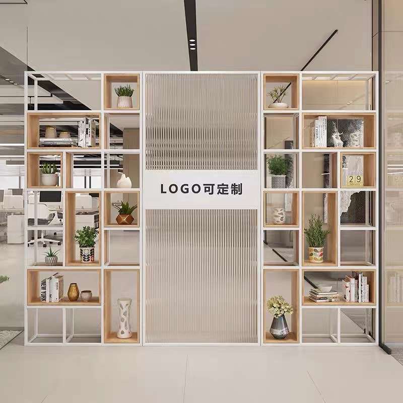 铁艺实木办公室简约玻璃隔断屏风装饰架展厅玄关员工区置物架隔断图片