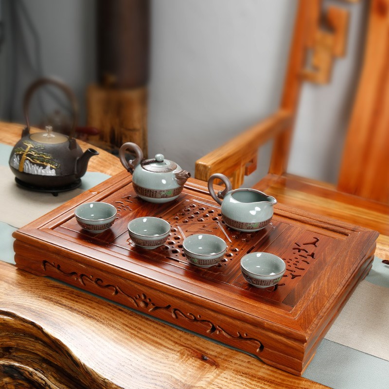 鸡翅花梨木实木小号家用简约茶盘 不锈钢L储水蓄水抽屉式茶具茶台