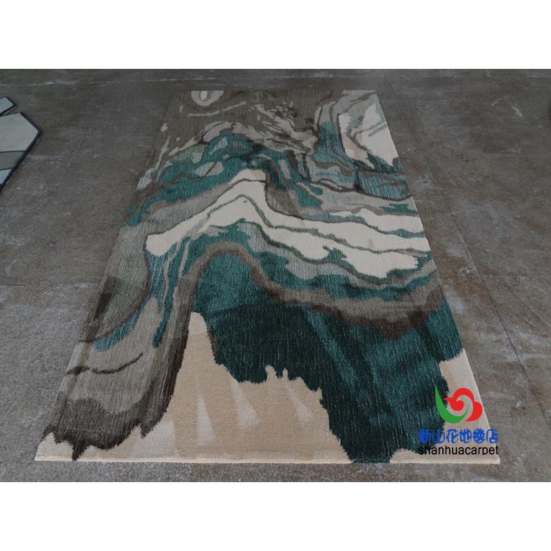 新中式抽象绿色水墨画样板房客厅茶几沙发地毯大厅接待室贵宾室